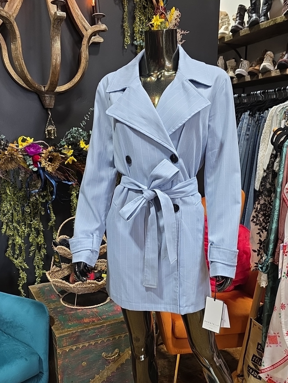 Bagatelle Light Blue Pin Stripe Double-Breasted Mini Trench with Waist Tie